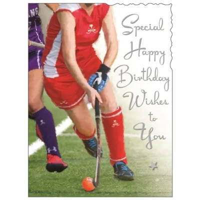 Image of Female Birthday Card for Her General Women/Girls Sporty Hockey Design Special Finishes and Illustrated Insert Leaf Made in the UK