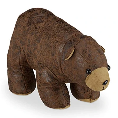 Image of Relaxdays Bear Door Stop, Fabric, Faux Leather, for Floors, Indoors, Fabric Doorstopper, HxWxD 17 x 16 32 cm, Brown
