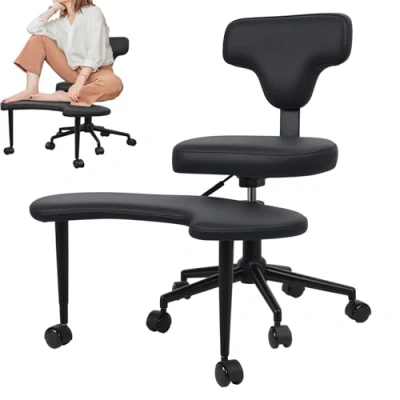 Image of yoakaiax Cross Legged Office Chair, Meditation Chair with Wheels, Ergonomic Kneeling Criss Desk Lumbar Support and Adjustable Stool Black