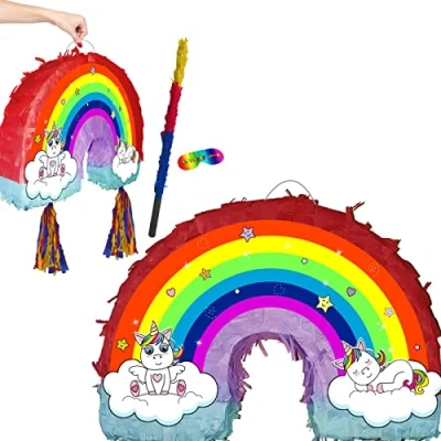 Image of Beautiful Rainbow Unicorn Pinata with stick and blindfold