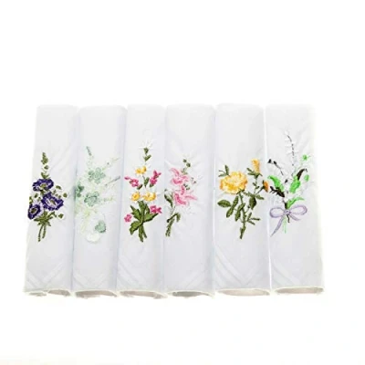 Image of Ladies Handkerchiefs 100% Cotton Hankies Lace Corner Dyed Silver Gift Box (6, Coloured Embroidery)