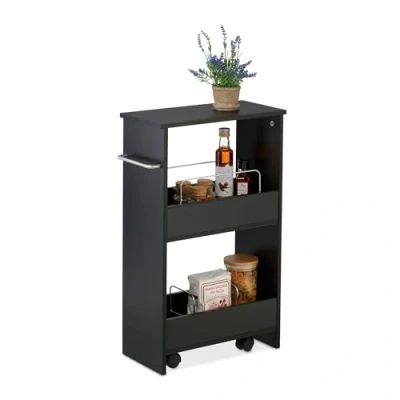 Image of Relaxdays Niche Trolley, 3 Shelves, Narrow Kitchen &amp; Bathroom Cart, HWD: 66.5 x 42 20 cm, Mobile Shelf, Castors, Black, Fibreboard