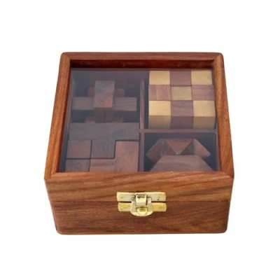 Image of Ajuny Wooden Puzzle Games Box Set Challenging Brain Teasers 3D Puzzles for Teens and Adults with Decorative Storage Interlocking IQ Test Handcrafted Game Gifts
