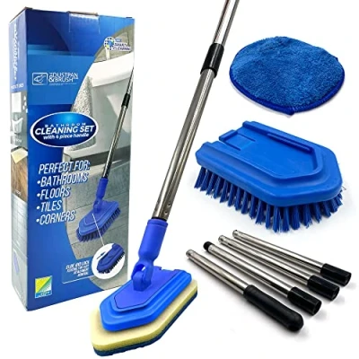 Image of Bathroom Tile Cleaner Shower Cleaning Brush, Multi section Long Handled Scrubbing Brush with Replaceable Stiff Bristle Tub and Scrubber, Sponge Scourer, Microfibre Pad