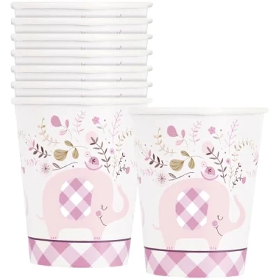 Image of Pink Floral Elephant Paper Cups (255g) Adorable &amp; Delightful Design Perfect for Baby Showers, Birthdays Celebrations 8ct