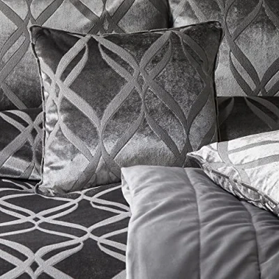 Image of Soiree Luxury Grey Ogee Cushion (43 x 43cm) Filling Included Velvet in Piped Edge with Cover Included/Cushion Insert Matching Bedding