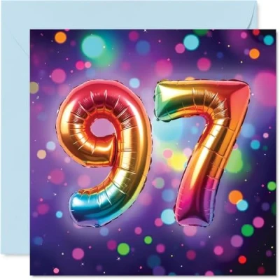 Image of 97th Birthday Cards for Women Men Rainbow Foil Balloon Happy Card 97 Year Old Woman Man Auntie Nanny Dad Uncle, 145mm Bday Greeting