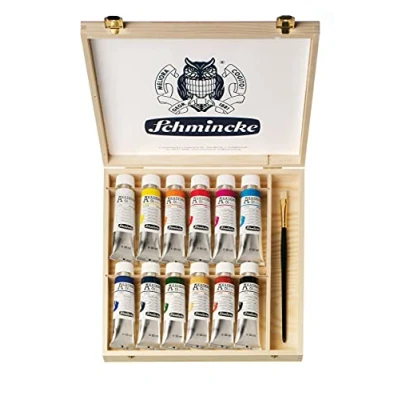 Image of Schmincke AKADEMIE® Oil, 12 x 60 ml tubes, 79 112 097, wooden case + daVinci brush (size 10), fine artists&#039; oil colours, brilliant painting, colour set