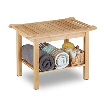 Image of Relaxdays Bamboo, Hallway Seat, Wooden Storage Bench, HxWxD: 45 x 66 40 cm, Bathroom Furniture, Natural Brown, 40x66x45 cm