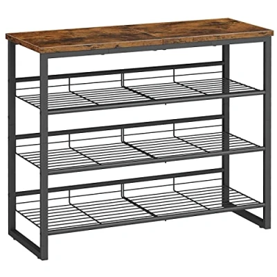 Image of HOOBRO Shoe Rack, 4 Tier Organizer, Storage Shelves for 12 16 Pairs, Adjustable Metal Shelf, 75 x 29 59 cm, Industrial Rack Entryway, Rustic Brown and Black EBF09XJ01
