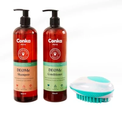 Image of Conka Pets Shampoo and Conditioner for Dogs, Premium Natural Grooming Products (500ml) (Shampoo &amp; Tool, Deodorising)