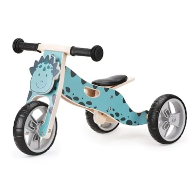 Image of 2 in 1 Balance Bike Wooden Trike for Kids that Converts to Lightweight Toddler Tricycle Padded Adjustable Seat &amp; Handlebars Puncture Proof Wheels Dinosaur Design