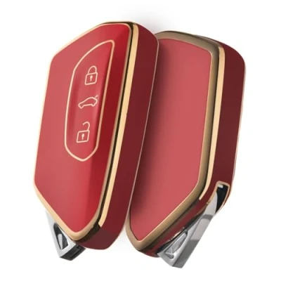 Image of OATSBASF Car Key Case for VW, Compatible with Golf 8 Seat Leon MK 4 Tarraco Ateca Skoda Octavia TPU Silicone (Golden Edge Red)