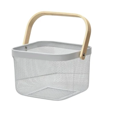 Image of Trendi Fruit Baskets for Kitchens, Basket with Wooden Handle, Metal Storage Organizer, Multi functional Kitchen, Bathroom, Pantry, Cabinet Home, Shopping, Picnic (White)