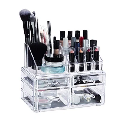 Image of Relaxdays Cosmetic Organiser with 4 Drawers, Makeup Kit for Lipstick, Nail Polish, Acrylic Jewellery Stand, Transparent, 19 x 23.5 14 cm