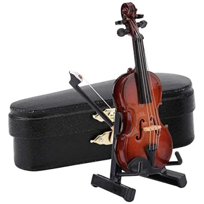 Image of Bow and Gift Case Mini Musical Instrument Model Home DecorHztyyier 8cm Miniature Violin Wooden with Stand Ornaments