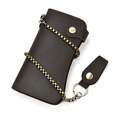 Image of Men&#039;s Genuine Leather Long Wallet With Zipper Pocket Vintage Chain Checkbook Purse Cassic