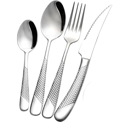 Image of ABE Signature Cutlery Set, Stainless Steel, for 1 Person, Silver, Gold, 2 in Steak Knives, Dishwasher Safe (Silver, 4)