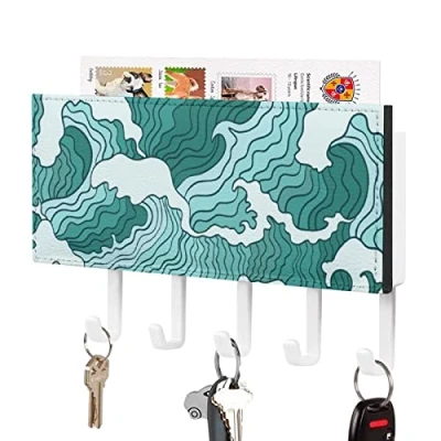Image of Surf Wave Wallpaper Mail Organizer Wall Mounted Key Hooks Holder Rack Hanging For Hallway Bathroom Decorative