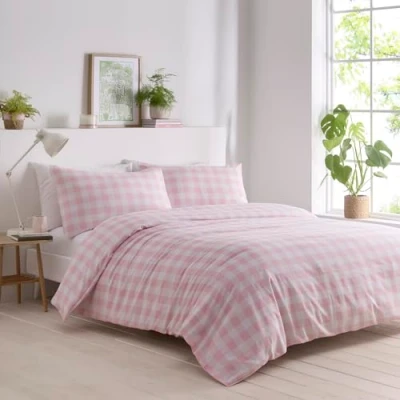 Image of Portfolio Home Gingham Check Pink Double Soft Easy Care Bed Linen Bedding Duvet Cover Quilt Set With Pillow Cases