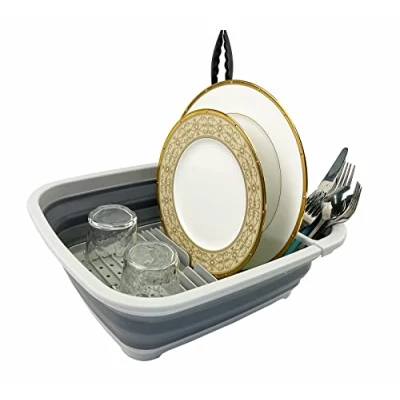 Image of SAMMART 8L Collapsible Plastic Dish Drainer Foldable Drying Rack Portable Dinnerware Organizer Space Saving Kitchen Storage Tray (Gray)