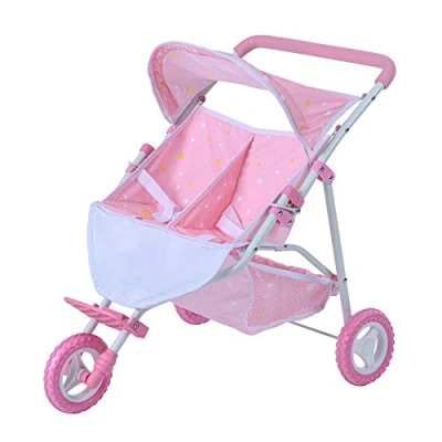 Image of Olivia&#039;s Little World Double Twin Baby Doll Pram Stroller Pushchair Pink Stars OL 00012