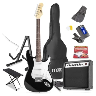 Image of Max Gigkit Black Electric Guitar Starter Pack Complete Beginner Guitars Kit with Amplifier, Footstand, Stand &amp; 6 Months Lessons for Aspiring Musicians