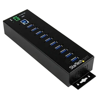 Image of StarTech.com 10 Port USB Hub with Power Adapter Surge Protection Metal Industrial 3.0 Data Transfer Din Rail, Wall or Desk Mountable High Speed 3.1 Gen 1 5Gbps (HB30A10AME)