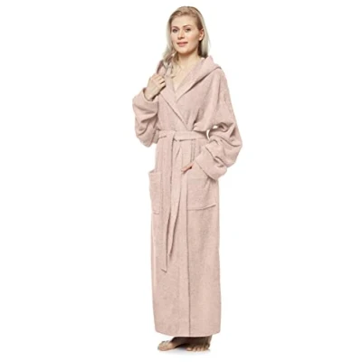Image of Arus Women&#039;s bathrobe with hood, full length, 100% cotton terry, women`s size: M long, unisex S Powder Pink