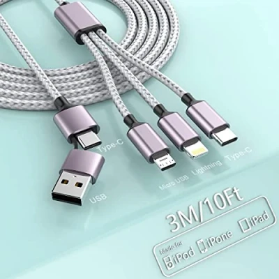 Image of MTAKYI 3M USB C Multi Fast Charging Cable, 4 in 1 Cable Nylon Braided Cord USB/C to Type C/iPhone Sync Charger Adapter Compatible with Laptop/Tablet/Phone