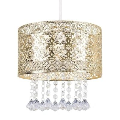 Image of MiniSun Modern Intricate Pattern Gold Ceiling Pendant Light Shade with Jewel Droplets