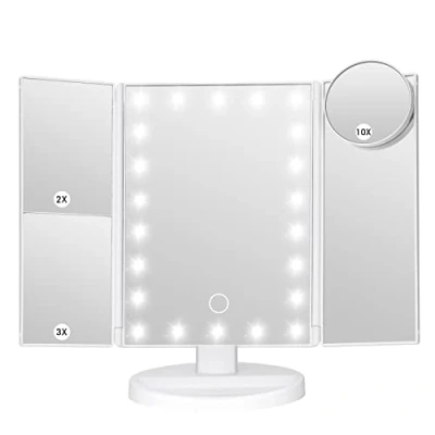 Image of LeeWent Makeup Mirror Vanity with Lights, Bathroom Adjustable Brightness Mirrors 1X/2X/3X/10X Magnification and Touch Screen Trifold Two Power Supply Modes Women Gift White