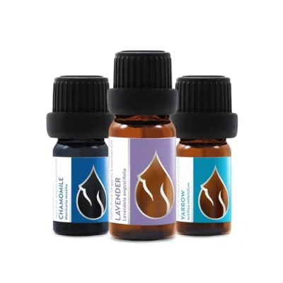 Image of Set Relax Organic Essential Oils Lavender (10ml) + Chamomile (5ml) Yarrow (5 ml) 100% Pure and Natural Undiluted Therapeutic Grade Family Owned Farm Non GMO 3 pcs