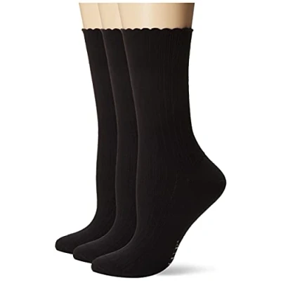 Image of HUE Women&#039;s Pack Scalloped Pointelle Crew Socks, 3 Pairs, Black, One Size Plus (Pack of 3)