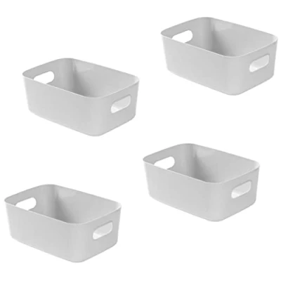 Image of Bgfuni Set of 4 Small Plastic Storage Baskets, Office Home and Kitchen Tidy Organiser, White Studio Baskets for Small, Shelf 20 x 14 7.5cm(Grey)