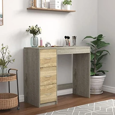 Image of URBNLIVING 3 Drawer Wooden Bedroom Dressing Table (Ash Grey Carcass + Oak Drawers)