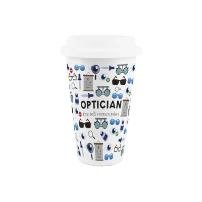 Image of Optician Ceramic Travel Mug Novelty Eye Specialist/Doctor Gifts Reusable Silicone Lid Double Walled Insulated Hot/Cold Drinks Cup Present