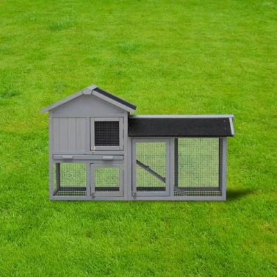 Image of Charles Bentley FSC Wooden, Two Storey Pet Hutch, With Run, Grey, Wood, Ramp, Pull Out Tray, Locks, Black Mesh, Waterproof, Sloped Roof, Open Bottom For Grazing (145x86x53cm)