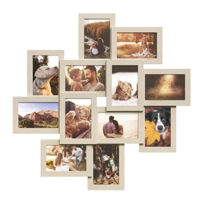 Image of SONGMICS Picture Frame Collage for 12 Photos in 4x6, Frames, Photo Set, Glass, Assembly Required, Wall Mounted, Family Photos, MDF, Natural RPF022N01