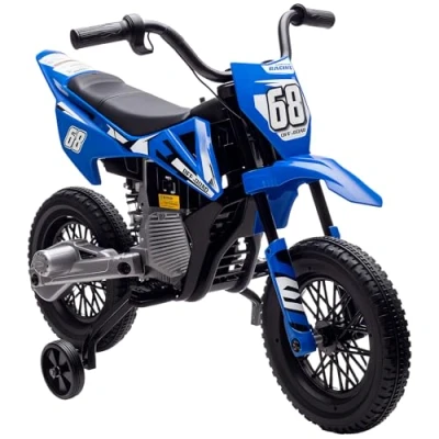 Image of AIYAPLAY 12V Kids Electric Motorbike, Ride on Motorcycle, Battery Powered Toy with Twist Grip Throttle, Training Wheels, Suspension System, Music, Blue