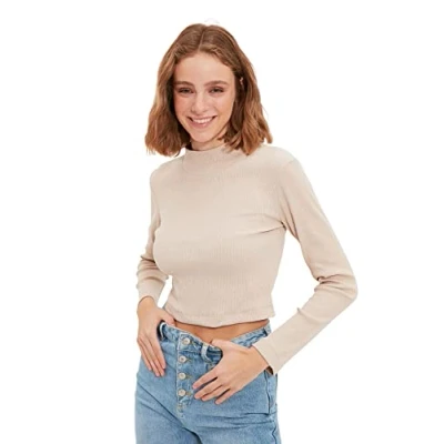 Image of Trendyol Women More Sustainable Slim fit Basic Standing Collar Knit Blouse Stone