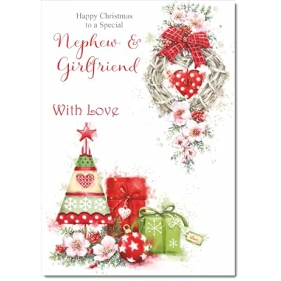 Image of doodlecards Nephew &amp; Girlfriend Christmas Card Heart Decorations Medium Size with Plain Envelope