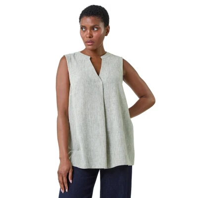 Image of Roman Originals Women Pleated Vest Tank Top Ladies Sleeveless Blouse Shirt Tunic Summer Autumn Everyday Holiday V Neck Work Office Cocktail Party Special Occassion Going Out Sage Size 10