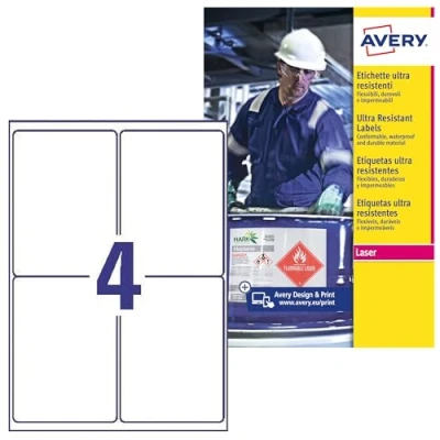 Image of Avery B7169 50 (99 x 139mm) Extra Strong Adhesive, Ultra Heavy Duty Industrial Waterproof GHS Labels, 4 Labels Per A4 Sheet