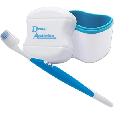 Image of Denture Bath &amp; Silicone Toothbrush for Valplast Flexible Dentures Storage Container Brush (Blue Bath, Blue Brush)