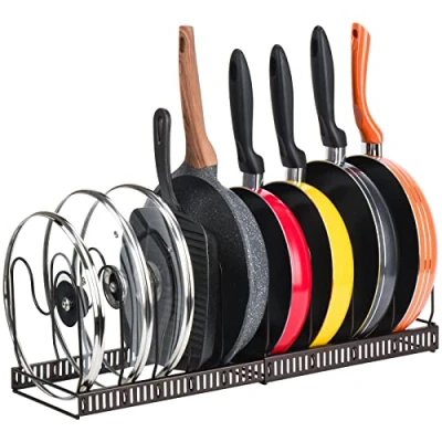 Image of Toplife Expandable Pans Organiser Rack, 10 Adjustable Compartments, Pantry Cupboard Bakeware Lid Plate Holders, Brown
