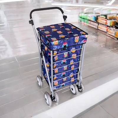 Image of Faboer Large 6 Wheels Lightweight Foldable Shopping Trolley on Hard Wearing Cart for Storage Sturdy Push/Pull Wheel and Easy Maneuverability (Navy Owl Print)