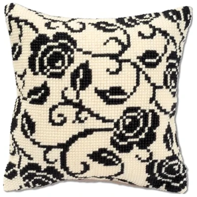 Image of Vervaco Blackworks Flowers Design Cross Stitch Cushion, Multi Colour