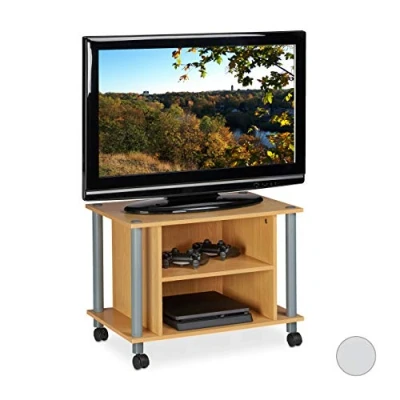 Image of Relaxdays Stand on Castors, 2 Compartments, TV Rack, Mobile Coffee Table, HxWxD: 45x60x40 cm, Wood Look, PB, Paper, plastic, 45 x 60 40 cm