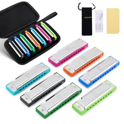 Image of East top Harmonica Set of 7, 10 Holes 7 Colors Diatonic Blues For Adults, Professionals and Students, as a Gift